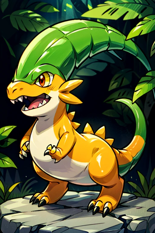 masterpiece, best quality, SFW, (safe for work),wide shot,1Digimon, solo, sharp teeth, wide mouth, vaccine type digimon, orange, (A bipedal lizard-like digimon, with dinosaur traits, resembling a chibi T-rex),digimon style,(rookie level digimon), technological forest background