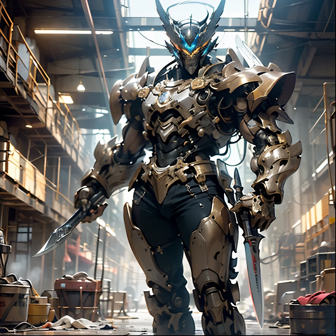 (8k, best quality, masterpiece:1.2),(1 Man:1.3),Mecha giant,Thick metal pipes are as long as hair,Mechanical Parts,(Designed based on the heroes of Greek mythology:1.3)+(Hercules:1.2),Glowing red circuits on the armor surface,Plenty of cooling exhaust vents,(Super huge mechanical limbs full of visual impact),[Intricate details｜Electroplated gold]Mechanical joints,Giant robot skeleton,(A life-sized battle axe:1.2)+(The axe is equipped with a huge thruster nozzle:1.3),masterpiece肖像, Extreme details, (character focus:1.4), Very detailed, 8K octane, HDR, Super detailed, best quality, best quality, Realistic lighting, Ultra Detailed