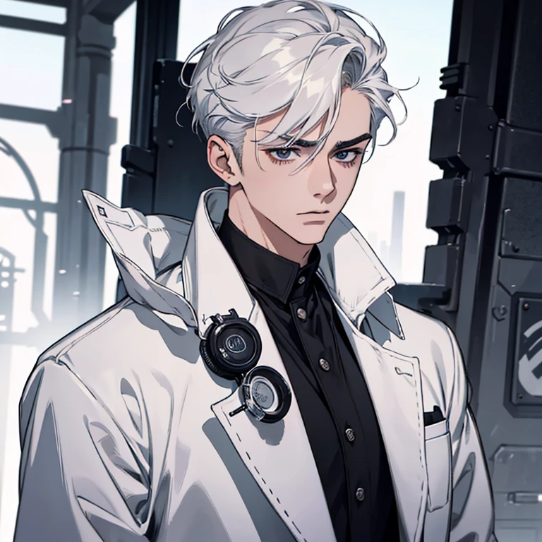 Ultra High Definition, ultra-definition, hyperdefined, hyper quality, Hyper Detail, Extremely detailed, perfect details, Masterpiece, 8K, 1 Man, anime, very short pomade hair, hard black eyes, Handsome, doctor in white coat'Coating on surgical scrubs ((portrait upper body shot)), ((Background with:concise, monocolored))
