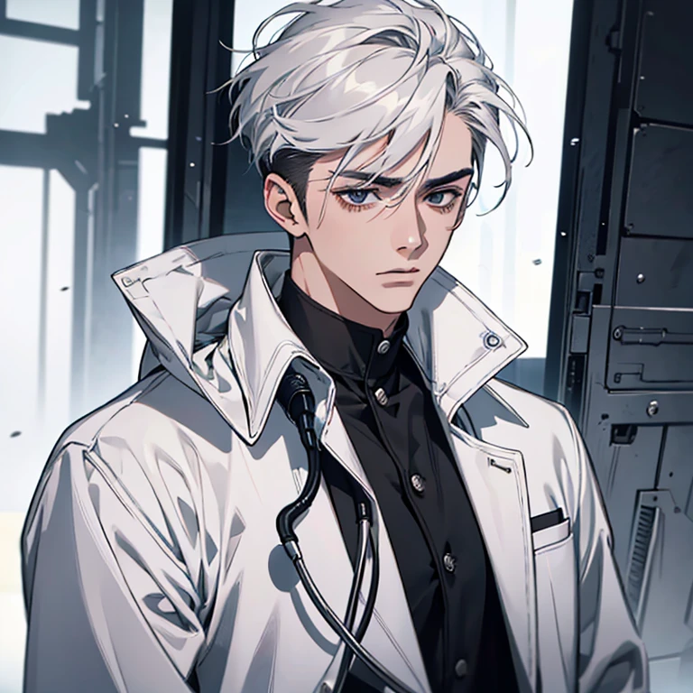 Ultra High Definition, ultra-definition, hyperdefined, hyper quality, Hyper Detail, Extremely detailed, perfect details, Masterpiece, 8K, 1 Man, anime, very short pomade hair, hard black eyes, Handsome, doctor in white coat'Coating on surgical scrubs ((portrait upper body shot)), ((Background with:concise, monocolored))