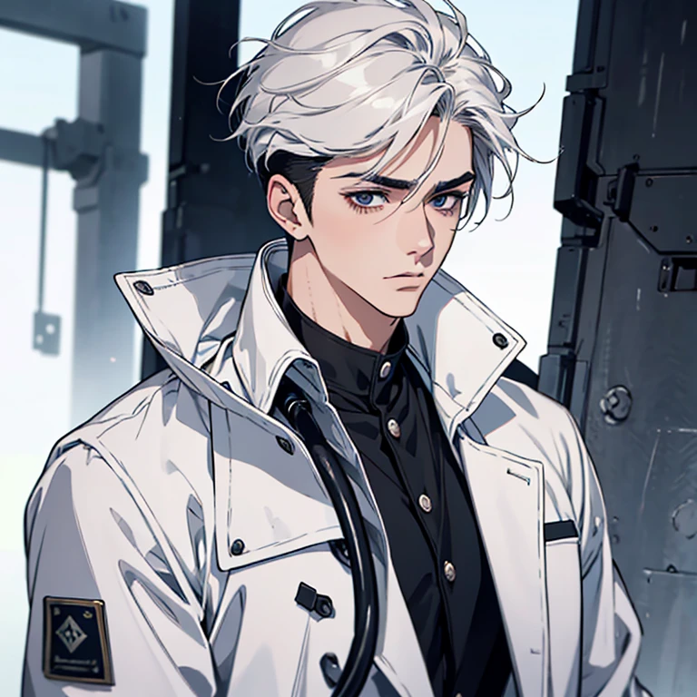 Ultra High Definition, ultra-definition, hyperdefined, hyper quality, Hyper Detail, Extremely detailed, perfect details, Masterpiece, 8K, 1 Man, anime, very short pomade hair, hard black eyes, Handsome, doctor in white coat'Coating on surgical scrubs ((portrait upper body shot)), ((Background with:concise, monocolored))