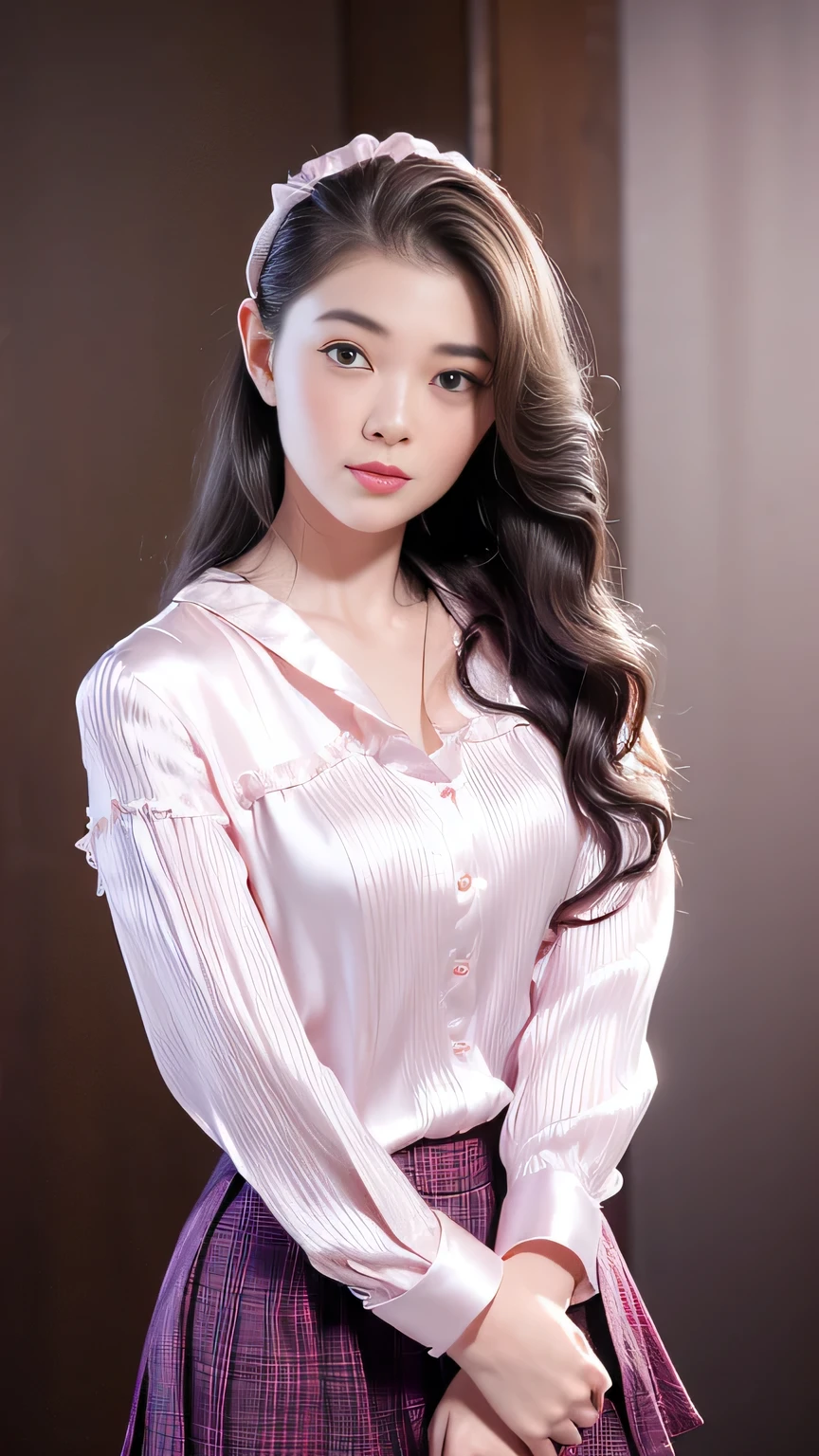 best quality, Realistic, super detailed, down to the last detail, High resolution, 4k wallpaper, Beautiful woman, small breasts, light brown super long hair, wore a suit, perfect dynamic composition, beautiful and delicate eyes, delicate hair, Round face model body type、mini skirt、drooping eyes、shy smile,((Hair with loose waves inside:1.2)),((Blouses and skirts, Wearing a silk blouse, wear a shirt and skirt:1.3)),