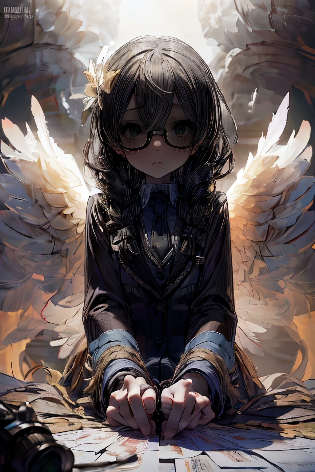 masterpiece, superfine illustration, best quality, 1girl, 1boy, pov, (cfnm:1.2), (femdom:1.2), (girl on top), (penis), (handjob:1.5), chifuyuperson, (solo), (hair over eyes:1.3), glasses, (wings), angelic halo, cruel, serious, expressionless, emotionless, (very tired)