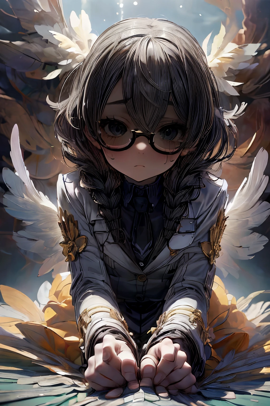 masterpiece, superfine illustration, best quality, 1girl, 1boy, pov, (cfnm:1.2), (femdom:1.2), (girl on top), (penis), (handjob:1.5), chifuyuperson, (solo), (hair over eyes:1.3), glasses, (wings), angelic halo, cruel, serious, expressionless, emotionless, (very tired)