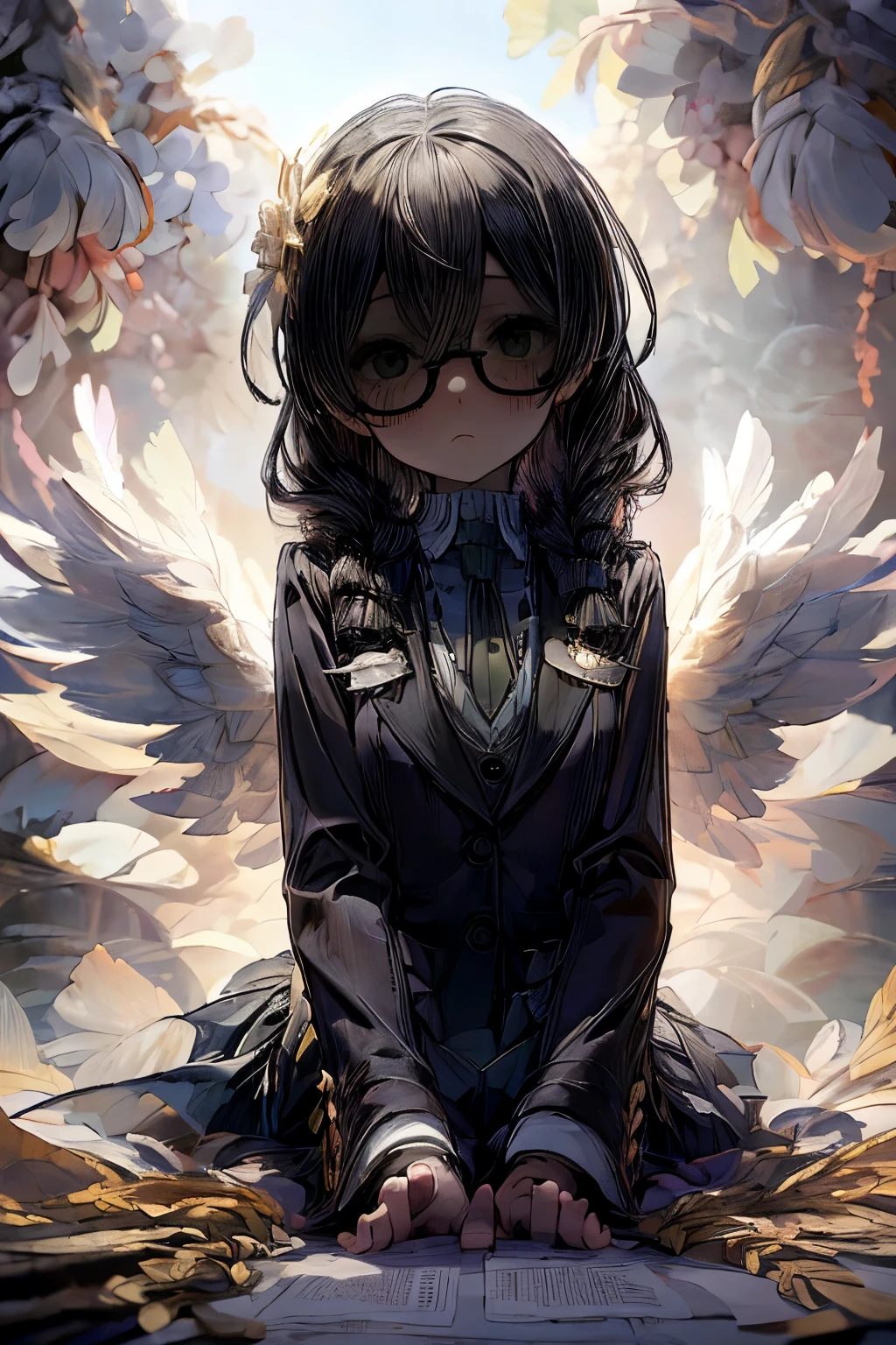 masterpiece, superfine illustration, best quality, 1girl, 1boy, pov, (cfnm:1.2), (femdom:1.2), (girl on top), (penis), (handjob:1.5), chifuyuperson, (solo), (hair over eyes:1.3), glasses, (wings), angelic halo, cruel, serious, expressionless, emotionless, (very tired)