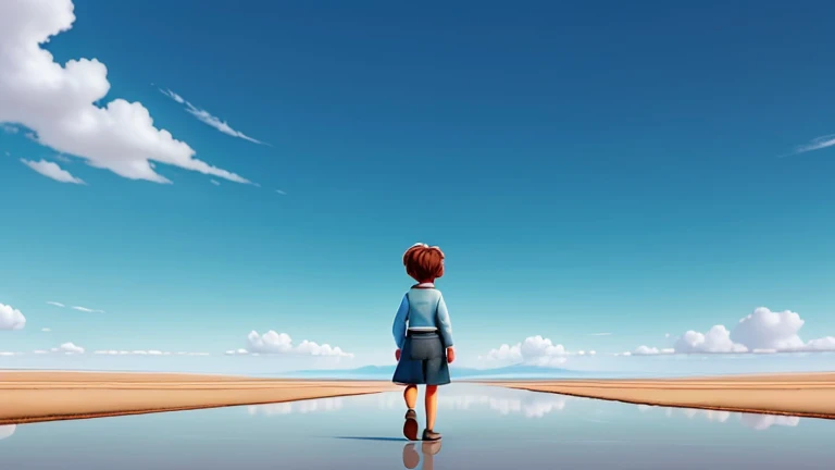 A person walking alone in a vast, open landscape, representing introspection and reflection. pixar