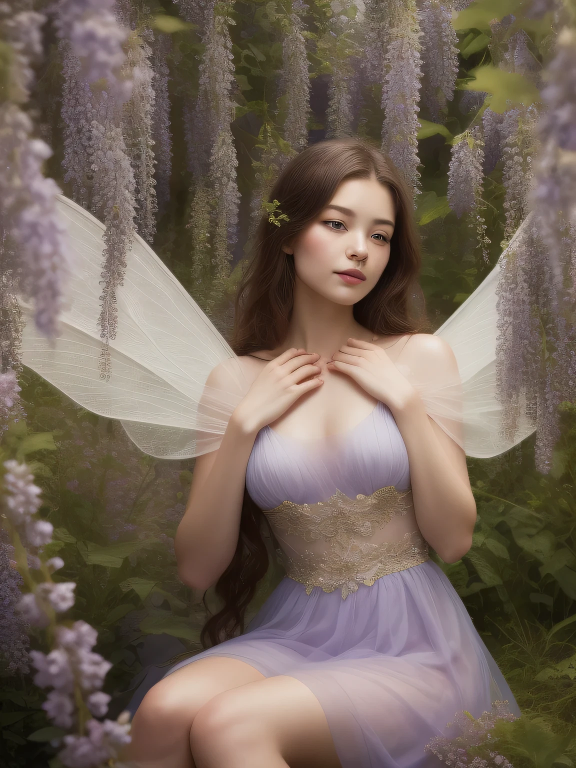 illustration with flat, soft and desaturated colors in the style of Amy Sol. young fairy sitting on a flower, long and wavy hair, large transparent wings, resting her chin on her hand, wearing a large light lavender dress, very sweet look, she is surrounded by wisteria and wildflowers, fairytale atmosphere
