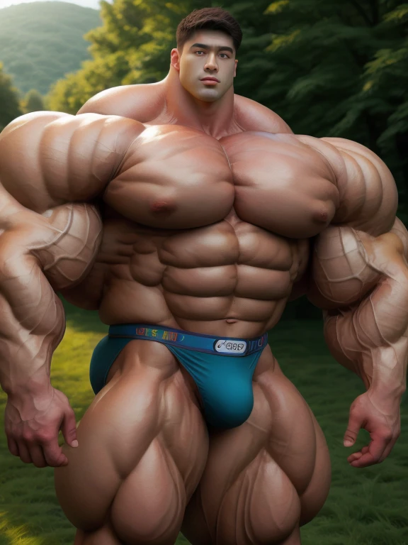 1 asian daddy, handsome, giant, buzz haircut, model shoot style, looking at camera, standing up, cool ambiance, outdoor, large dry meadows, strong body, bulk, naked, wear prominent bulge latex underwear, bulge, big, brutalmass, giant, muscular body, bulk, massive body, large meaty body size, brown skin, huge arms, ballooning meaty chests. Realistic, intricate detail