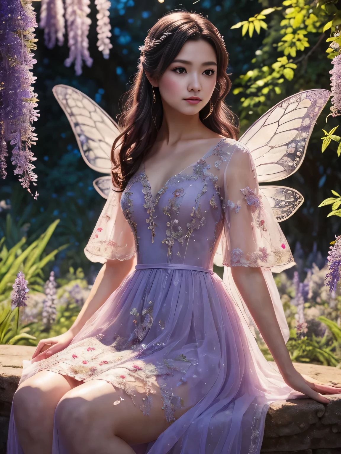 illustration with flat, soft and desaturated colors in the style of Amy Sol.  adorno para el pelo, Vestido blanco, vestido sin tirantes, cristal, mangas separadas, fairy dress with asymmetrical sleeves,, young fairy sitting on a flower, long and wavy hair, large transparent wings, resting her chin on her hand, wearing a large light lavender dress, very sweet look, she is surrounded by wisteria and wildflowers, fairytale atmosphere
