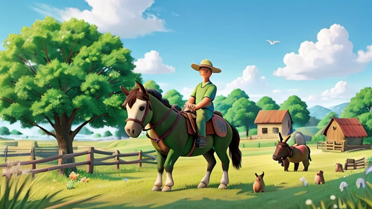 A lush green field under a blue sky, with a farmer and his donkey in the background.