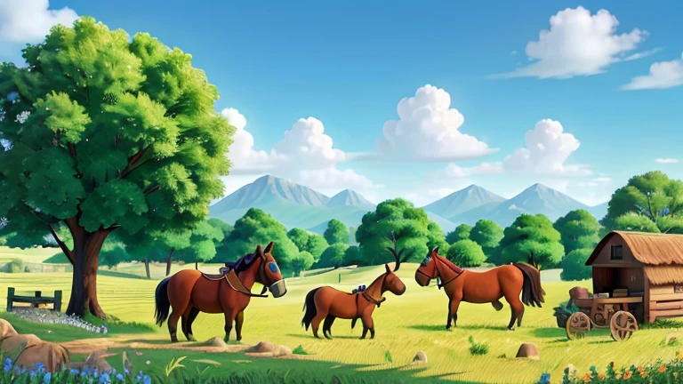 A lush green field under a blue sky, with a farmer and his donkey in the background.