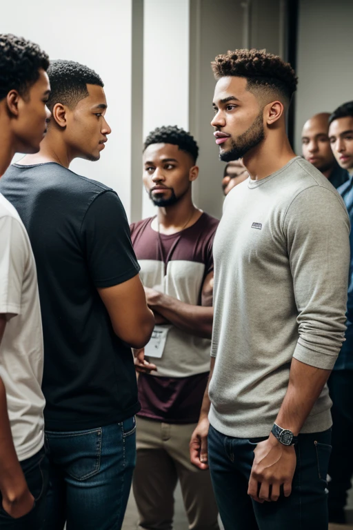 friends male light skin mixed race group 26 years old wearing a casual clothes, talking to each other highlights with a wedding rings detailed, innocent face, natural brushed up and short hair, hazel eyes, Handsome 10 people, 10 people handsome, Casual clothes, A hyper-realistic, praying between friends expression, backstage talking with a young people hiquality, Friends group, Nikon, Canon, Fujifilm, HD, 4K, 8k
