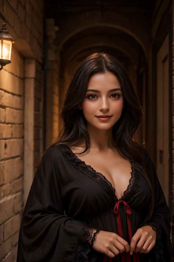 Jeune femme de 25 ans, visage fin, cheveux long, yeux marrons, HD, 8K, masterpiece, sourire romantique, sexy, tenue de flamenco, mascara noir, robe rouge et noire, jupons, robe en tissu et en dentelle, tissu rouge et noir, dans uen ruelle espagnole, de nuit, string rouge, ventre apparent