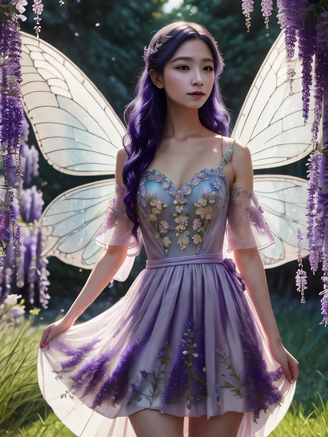 illustration with flat, soft and desaturated colors in the style of Amy Sol.  adorno para el pelo, Vestido blanco, vestido sin tirantes, cristal, mangas separadas, fairy dress with asymmetrical sleeves,, young fairy imminentpenetration,, long and wavy hair, large transparent wings, wearing a large light lavender dress, very sweet look, she is surrounded by wisteria and wildflowers, fairytale atmosphere
