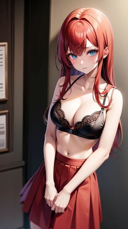 An anime girl with red hair and blue eyes wearing a skirt and an open shirt revealing a black and red bra