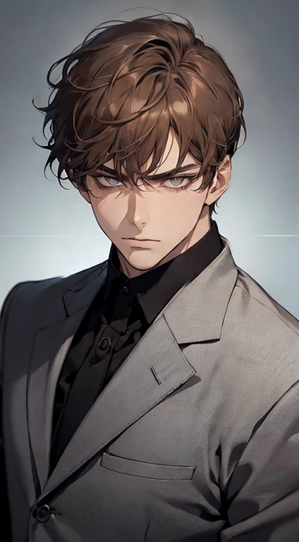 masutepiece, Best Quality, Realistic, 1man, matured male, Quiet and charming young man, 25 years old, closing eye, Serious look, extra detailed face, ((dark grey eyes)), ((Short right sweep dark brown hair)), [Thick eyebrows], detective, Plain background, ((Suit)), Cinematic lighting, gaze at the audience, Postural dynamics