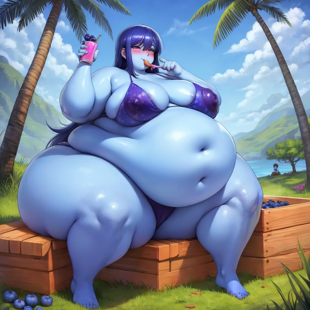 A curvy young woman in a bikini, massive giant fat round human blueberry, massive bloated overstuffed very heavy round belly, hyper massive fat tall wide round heavy heart shaped shelf bubble butt, very wide fat hips, massive fat round long very heavy breasts, deep long cleavage, weight gain, deep fat navel, from behind, looking back, smiling, blushing, blueberry juice body inflation, very round massive blueberry body, blue tinted skin, arms out at side, splayed legs, sloshing body, taut skin, smooth skin, cute fat face, fat round blueberry woman, sitting down, in a forest, vine in her mouth, she cant see past her massive blueberry juice filled breasts, leaking blueberry juice, puking blueberry juice, lactating blueberry juice, massive nipples, soaked with blueberry juice, from behind,