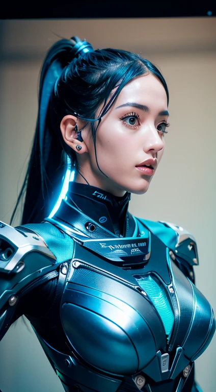 (mejor calidad:1.2), 8K, high resolution, octan render, (obra maestra), extremadamente ultra detalle, mujer japonesa cyborgizada, cara extremadamente ultra linda, , cuerpo delgado, pecho plano, (blue metallic mechanical frame:1.5), (Power cables connected throughout the body.), detallar, en lugar de pelo, there are wires growing out of it, Mechanical Fusion, mechanical skeleton, Biomechanics, mechanical way of life, detalle muy complejo, textura extremadamente ultra real, piel humana, realista hair, ultra realista details, professional lighting, (realista:1.4), (foto cruda:1.2), (photorealista:1.5)