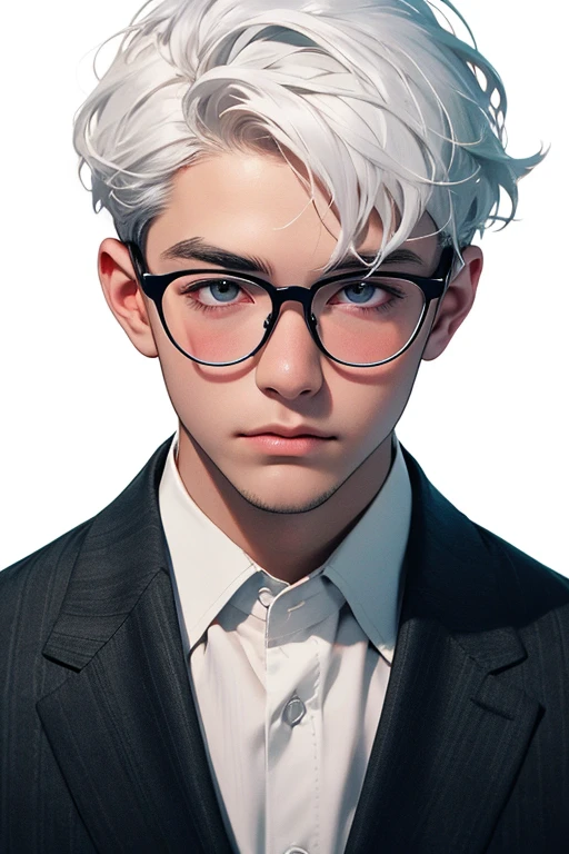 t son,head portrait,iwhite color hair,face focus,adult,menswear,jacket,white shirt,tic,pants,best quality,face detailing,white background, glasses