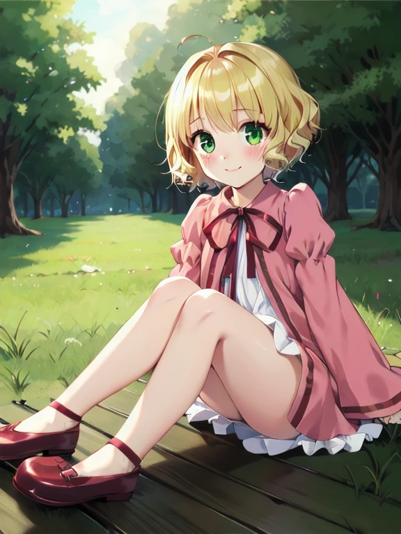 masterpiece, highest quality, 8k, ultra high resolution, highest quality, anime style, best writing, beautiful face,  bob cut、room, blonde, green eyes, masterpiece, highest quality, Hinaichigo, pink dress, white dress layers, (bloomers:0.6)、sit with legs stretched out on the floor、blush、smile