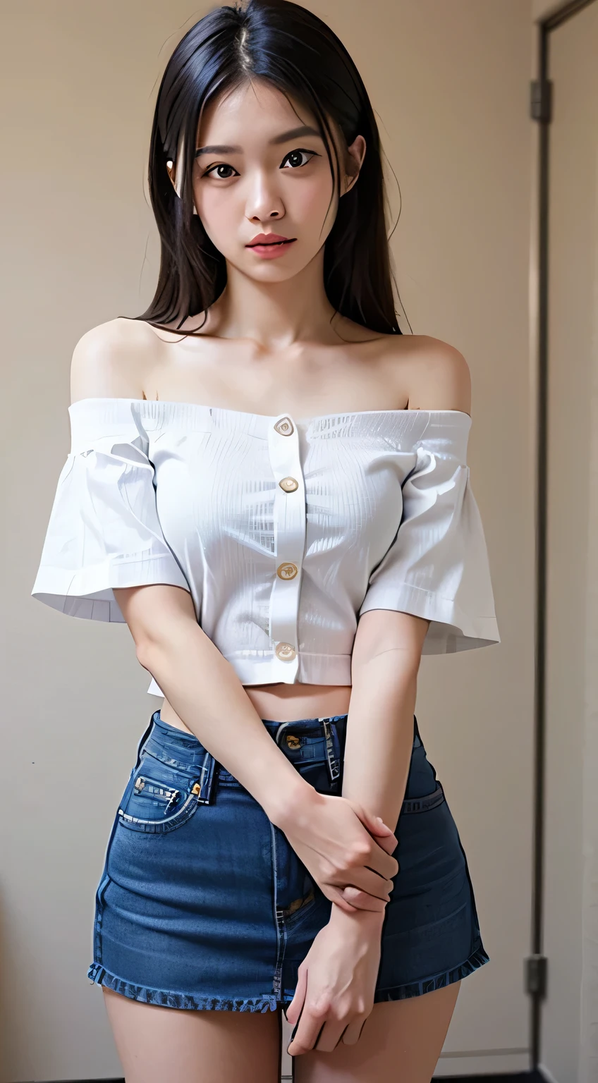 Very detailed CG Unity 8k wallpaper、highest quality、Very detailed、masterpiece、reality、Photorealistic、Very detailedなかわいい女の子、18-year-old、(High school girl in Japan uniform)、((White short sleeve buttoned cotton shirt:1.5))、((A woman in a white short-sleeved off-the-shoulder shirt:1.4))、((Shooting from the front:1.4))、((standing in an empty room:1.4))、((Standing confused:1.4))、blush、Cleft lip、Looking at the audience、((Cowboy Shot:1.4))、((Navy blue denim mini skirt:1.5))、((Straight medium long hair:1.7))、(Beautiful Face:1.3)、(Perfect Proportions:1.2)、(Long legs:1.2)、(Small breasts:1.3)、((Upper Body))、((Model pose:1.4))、Angle from below、reality、