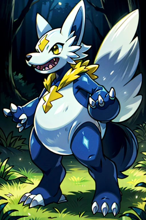 masterpiece, best quality, SFW, (safe for work),wide shot,1Digimon, solo, sharp teeth, wide mouth,claws, vaccine type digimon, blue, (A bipedal wolf-like digimon, with spotted fur, resembling a Gabumon),digimon style,(rookie level digimon), technological forest background