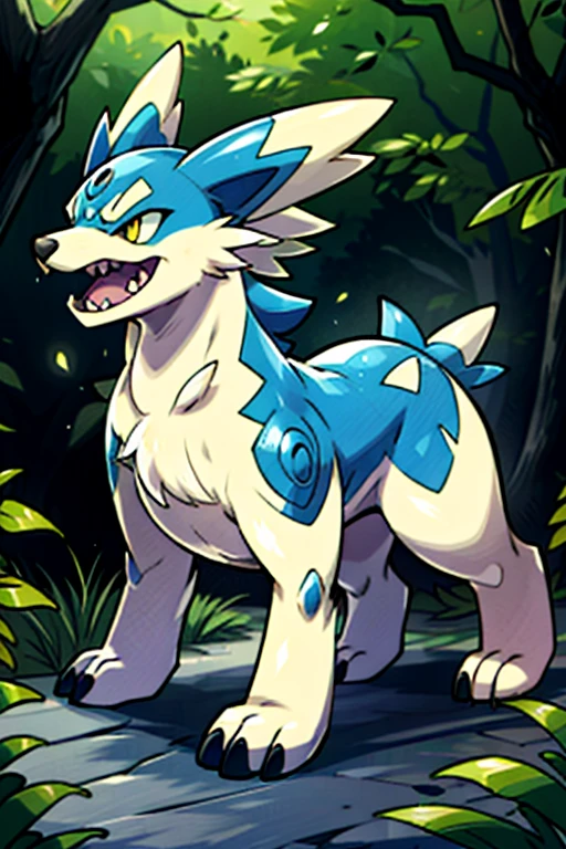 masterpiece, best quality, SFW, (safe for work),wide shot,1Digimon, solo, sharp teeth, wide mouth,claws, vaccine type digimon, blue, (A bipedal wolf-like digimon, with spotted fur, resembling a Gabumon),digimon style,(rookie level digimon), technological forest background
