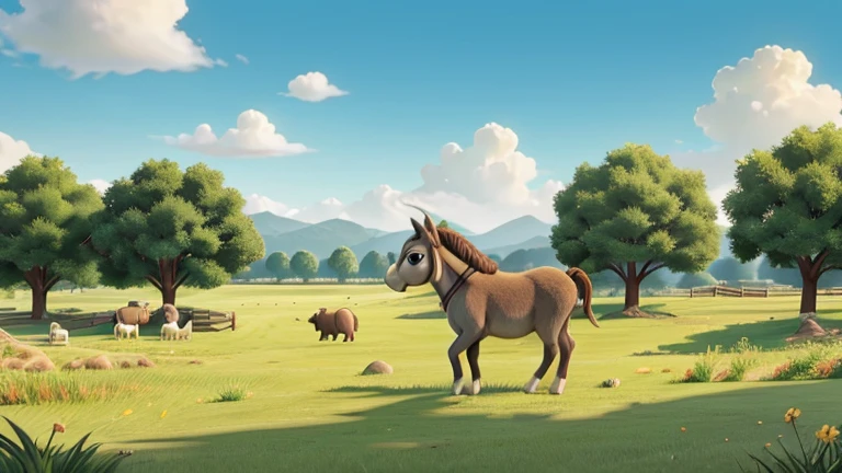 The donkey roaming freely through the fields, enjoying the freedom and the green grass.