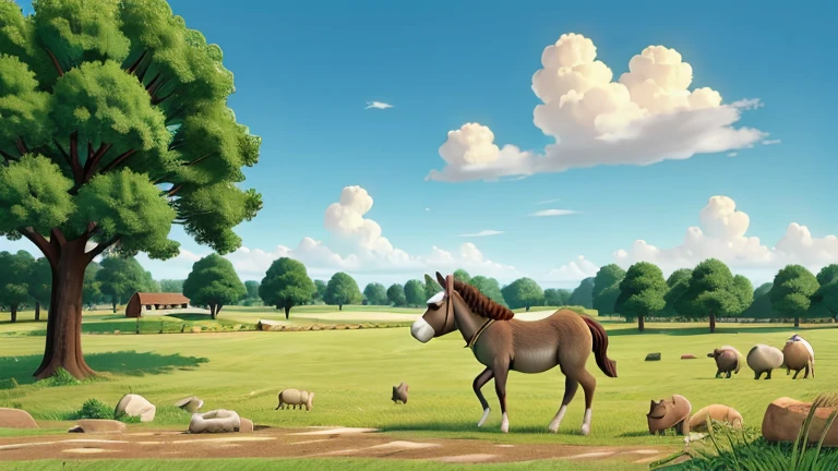 The donkey roaming freely through the fields, enjoying the freedom and the green grass.