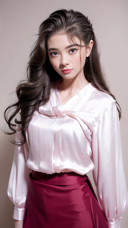 best quality, Realistic, super detailed, down to the last detail, High resolution, 4k wallpaper, Beautiful woman, small breasts, light brown super long hair, wore a suit, perfect dynamic composition, beautiful and delicate eyes, delicate hair, Round face model body type、mini skirt、drooping eyes、shy smile,((Hair with loose waves inside:1.2)),((Blouses and skirts, Wearing a silk blouse, wear a shirt and skirt:1.3)), 