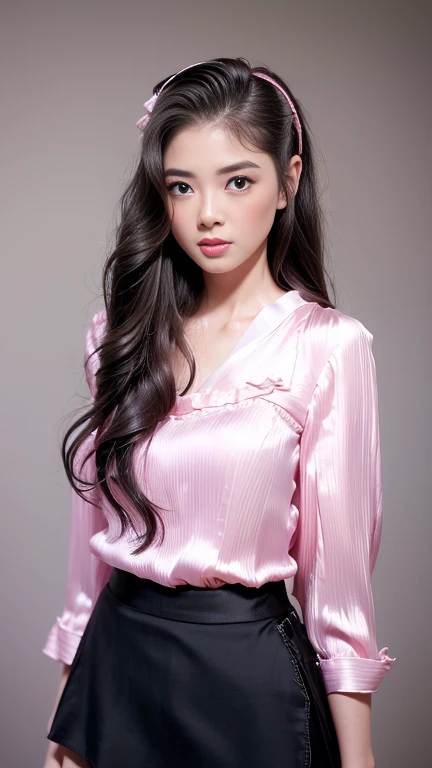 best quality, Realistic, super detailed, down to the last detail, High resolution, 4k wallpaper, Beautiful woman, small breasts, light brown super long hair, wore a suit, perfect dynamic composition, beautiful and delicate eyes, delicate hair, Round face model body type、mini skirt、drooping eyes、shy smile,((Hair with loose waves inside:1.2)),((Blouses and skirts, Wearing a silk blouse, wear a shirt and skirt:1.3)),