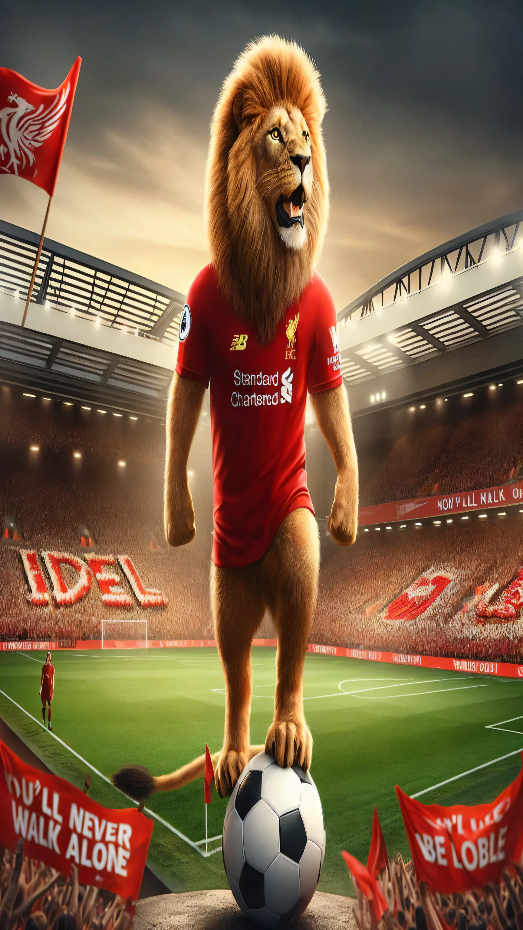 arafed image of a lion standing on a soccer ball, liverpool football club, inspired by Kaff Gerrard, football mascot, promotional render, award winning cgi, professional cgi, official fan art, looks realistic, mo salah, 2 d full body lion, red realistic 3 d render, realistic cgi, sports mascot, true realistic image, hyper realistic ”, hyper realistic”