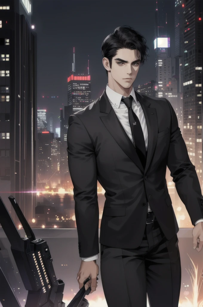 (ridiculous, high resolution, super detailed, realistic,), 1 male, soloist, handsome, cool, handsome, extremely short hair, black hair, brown eyes, delicate face, thick eyebrows, night, dark color, night city background, formal wear, tie, half, cyberpunk,