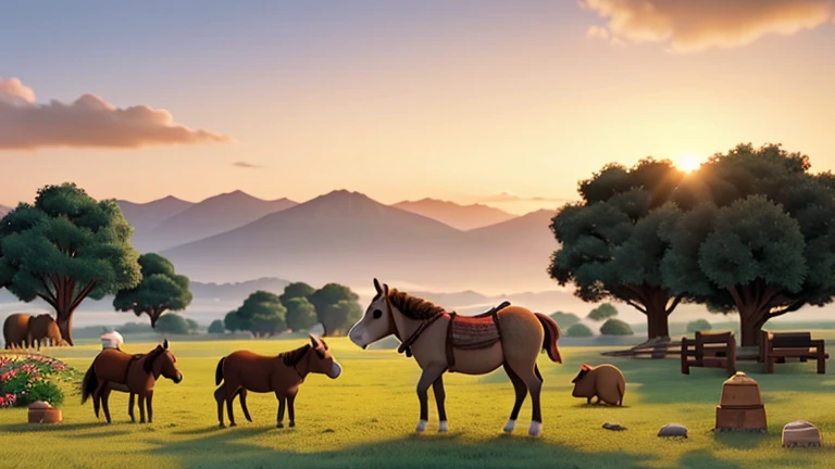 A peaceful sunset scene, with the donkey grazing calmly.