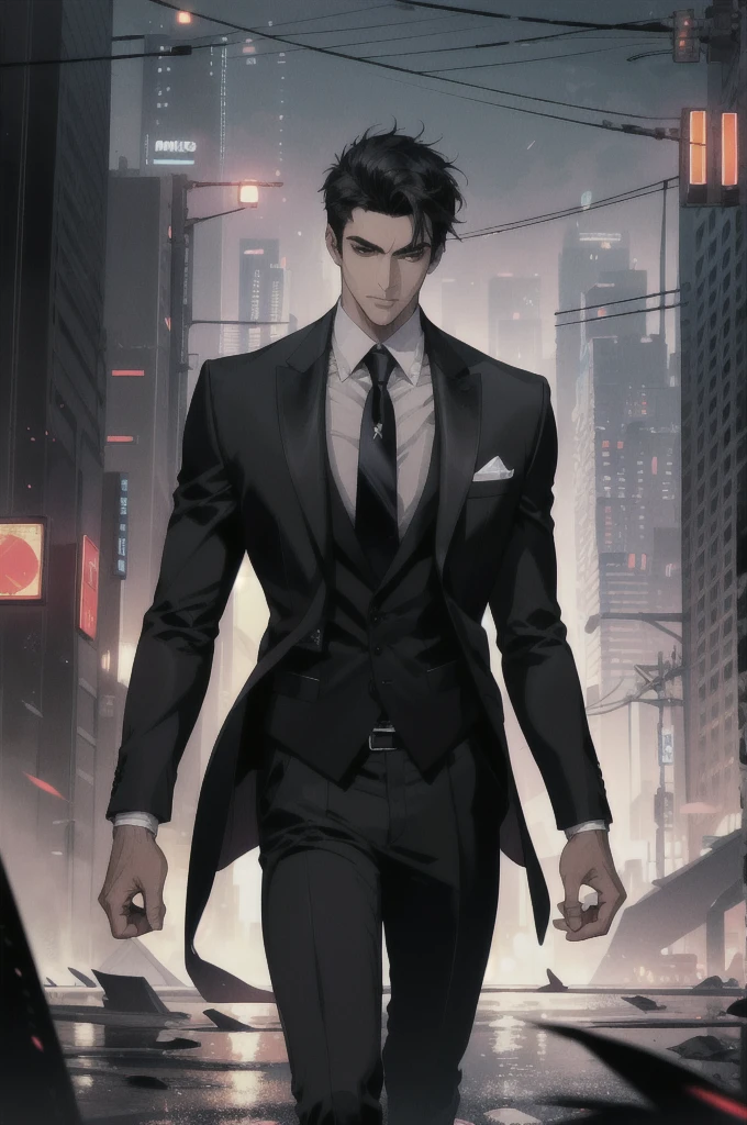 (ridiculous, high resolution, super detailed, realistic,), 1 male, soloist, handsome, cool, handsome, extremely short hair, black hair, brown eyes, delicate face, thick eyebrows, night, dark color, night city background, formal wear, tie, half, cyberpunk,