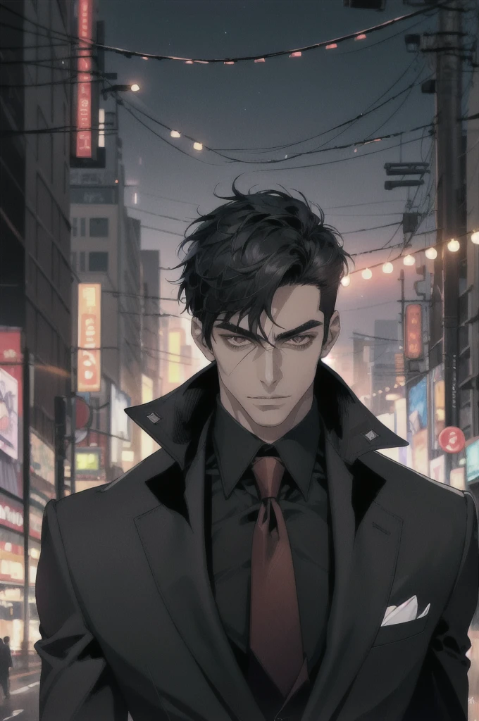(ridiculous, high resolution, super detailed, realistic,), 1 male, soloist, handsome, cool, handsome, extremely short hair, black hair, brown eyes, delicate face, thick eyebrows, night, dark color, night city background, formal wear, tie, half, cyberpunk,