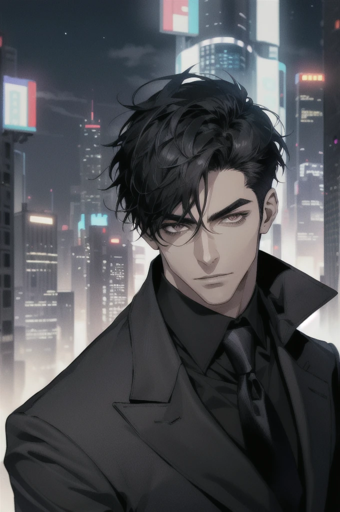 (ridiculous, high resolution, super detailed, realistic,), 1 male, soloist, handsome, cool, handsome, extremely short hair, black hair, brown eyes, delicate face, thick eyebrows, night, dark color, night city background, formal wear, tie, half, cyberpunk,