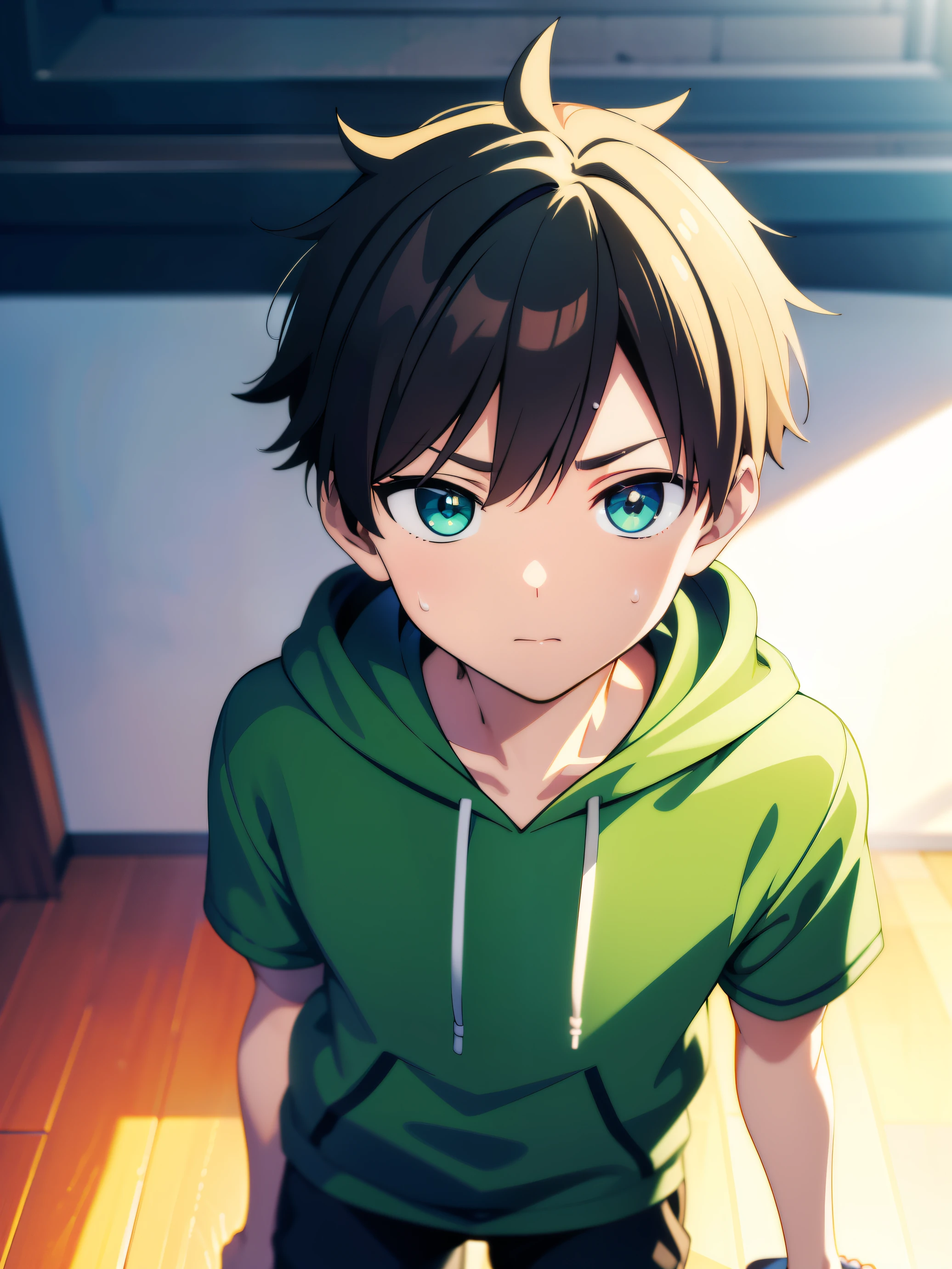 Highres, Masterpiece, Best quality at best,Best Quality,hight quality, hight detailed, 1boy, Boy, Shota, Green hoodie, Wearing headset, Sleeveless hoodie, Body, (very small and short stature), (very young boy), (very small and short body), 12-year-old boys, School, Sweat, Uhd, 8k, depth field, ray tracing, bokeh