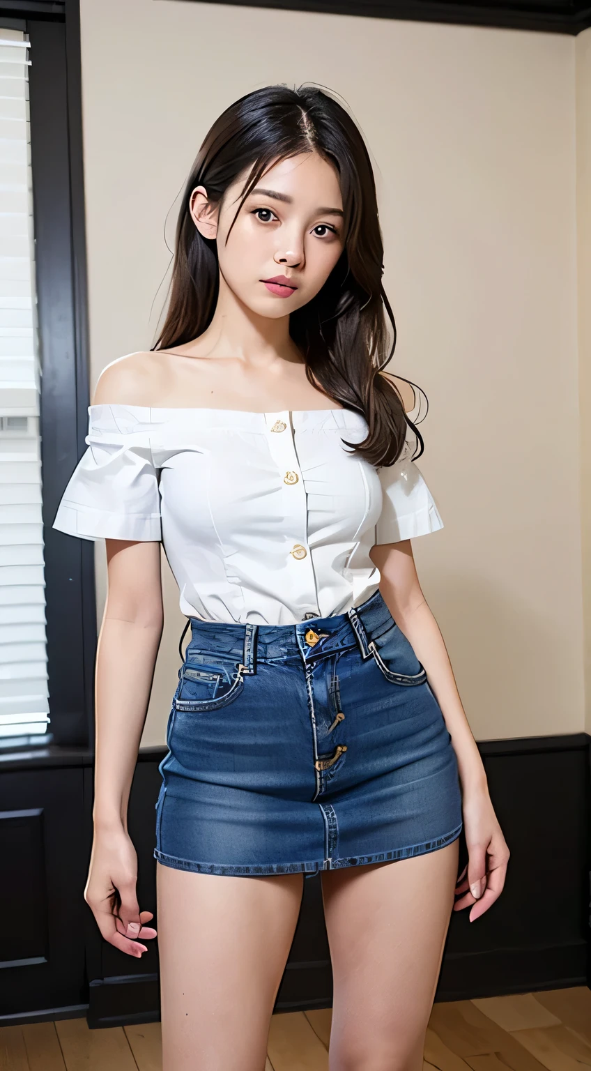 Very detailed CG Unity 8k wallpaper、highest quality、Very detailed、masterpiece、reality、Photorealistic、Very detailedなかわいい女の子、18-year-old、(High school girl in Japan uniform)、((White short sleeve buttoned cotton shirt:1.5))、((A woman in a white short-sleeved off-the-shoulder shirt:1.4))、((Shooting from the front:1.4))、((standing in an empty room:1.4))、((Standing confused:1.4))、blush、Cleft lip、Looking at the audience、((Cowboy Shot:1.4))、((Navy blue denim mini skirt:1.5))、((Straight medium long hair:1.7))、(Beautiful Face:1.3)、(Perfect Proportions:1.2)、(Long legs:1.2)、(Small breasts:1.3)、((Upper Body))、((Model pose:1.4))、Angle from below、reality、