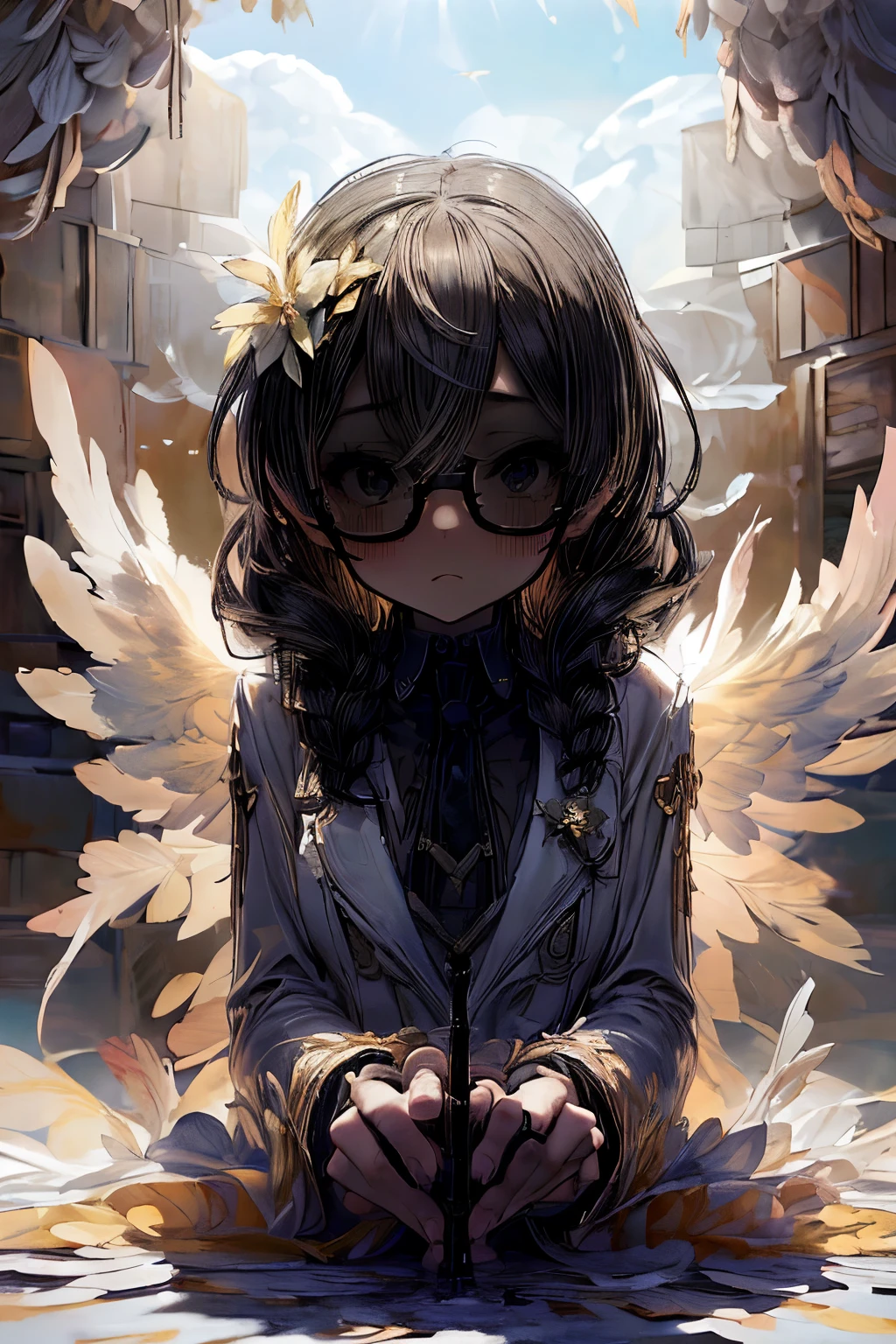 masterpiece, superfine illustration, best quality, 1girl, (1boy:1.3), (pov), (cfnm:1.2), (femdom:1.2), (girl on top), (penis), (handjob:1.5), chifuyuperson,  (hair over eyes:1.3), glasses, (wings), angelic halo, cruel, serious, expressionless, emotionless, (very tired)