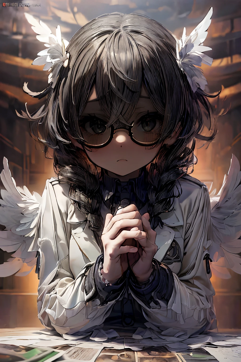 masterpiece, superfine illustration, best quality, 1girl, (1boy:1.3), (pov), (cfnm:1.2), (femdom:1.2), (girl on top), (penis), (handjob:1.5), chifuyuperson,  (hair over eyes:1.3), glasses, (wings), angelic halo, cruel, serious, expressionless, emotionless, (very tired)