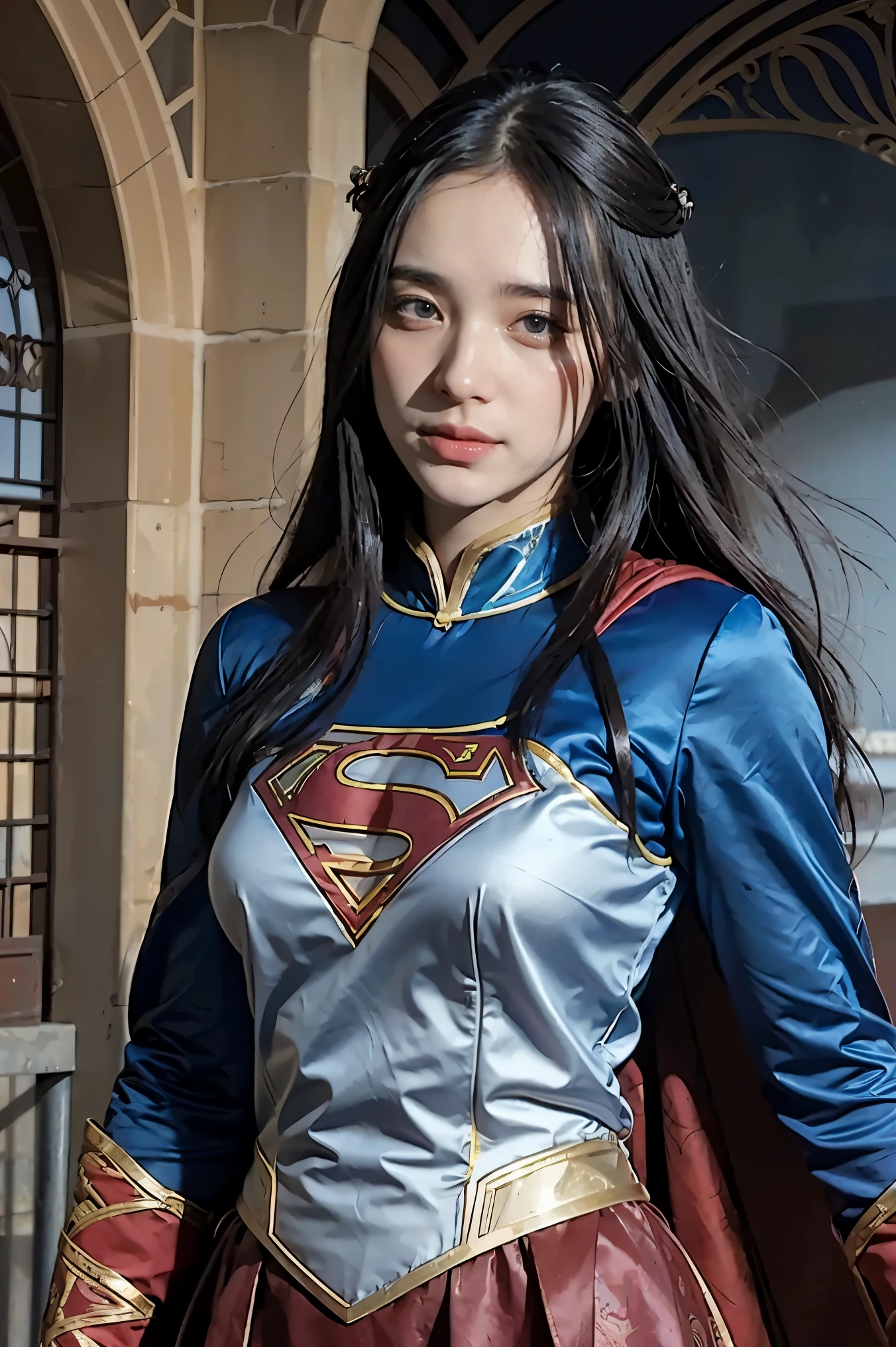 best quality, masterpiece, realistic, 1 woman, a scourge Aasimar in DND setting, 
, (((bard costume(inspired by supergirl:0.8)))) ,  blue eyes, black hair, female focus,