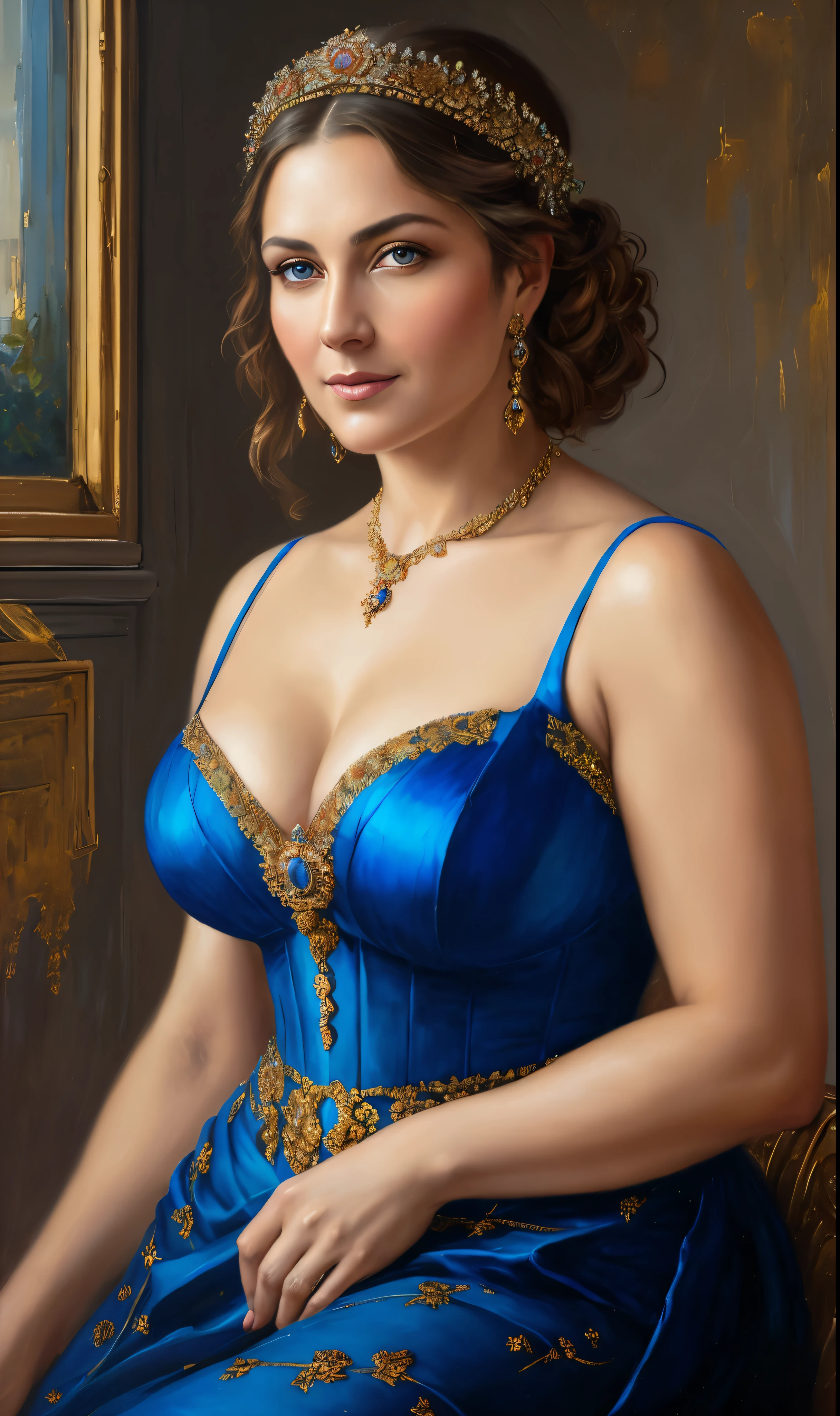 portrait, extremely gorgeous, 45 years old Woman, middle ages, thick figure, classicism, andrey atroshenko style, painting, pierced eyes, beautifully styled hair, traditional media, realistic, figurative, fine art, oil on canvas, HDR, 8K, original character, high resolution, vivid colours, high detail, focus on the face, beautiful eyes