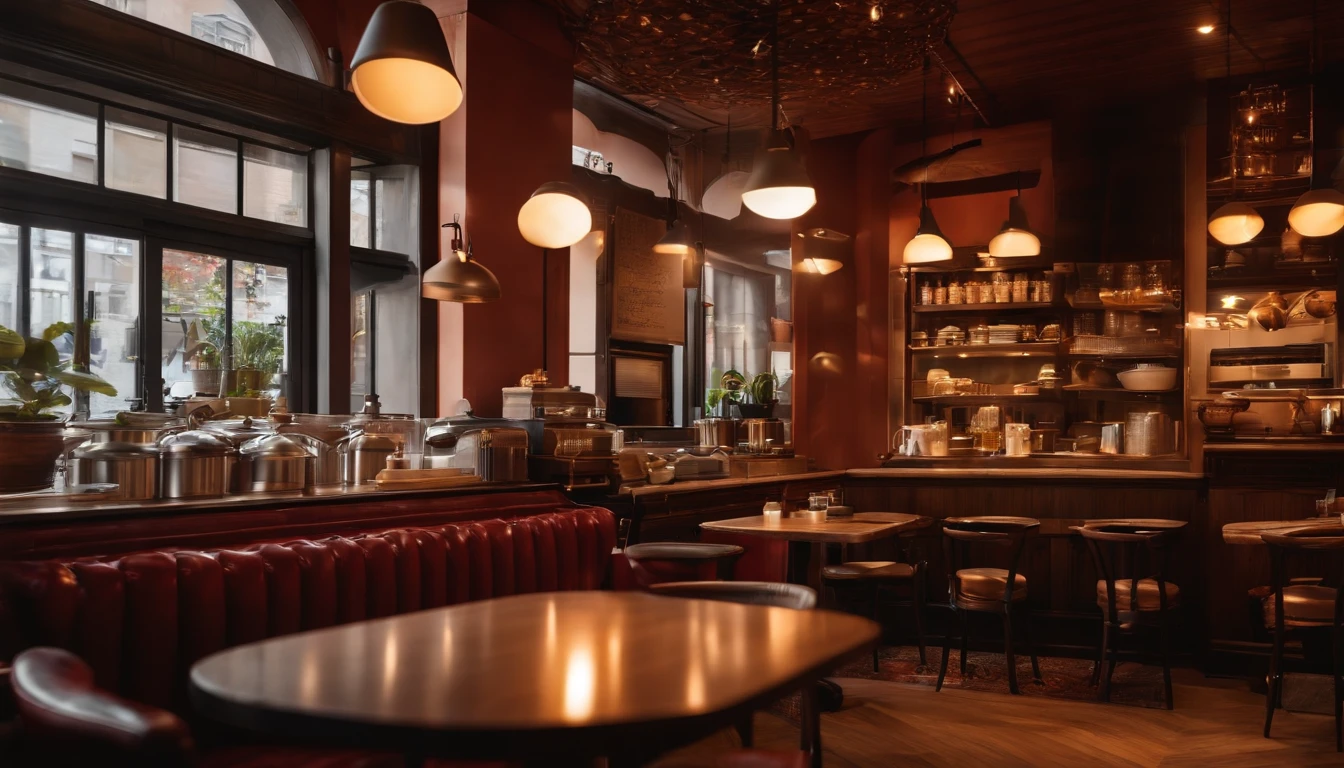 High-quality images、coffee shop，The morning light is dazzling，Table coffee