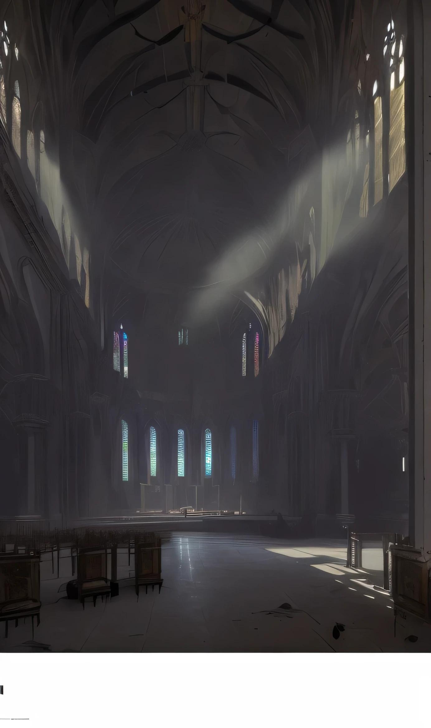 Inside the church，painterly concept art, Post apocalyptic palace interior, Disgraceful aesthetics, painted as a game concept art, Dramatic Lighting. concept art, Neil：Automatic machine screenshot, unreal engine render concept art, concept arts, concept art ， Height Rendering, photorealistic dark concept art, hyperdetailed concept art, concept art