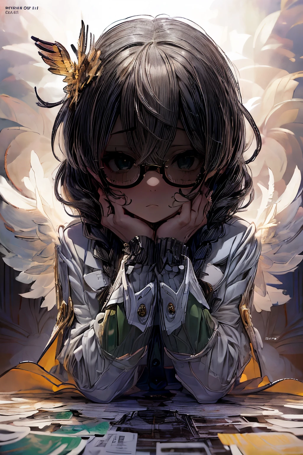 masterpiece, superfine illustration, best quality, 1girl, 1boy, pov, (penis), (handjob:1.5), chifuyuperson, (hair over eyes:1.3), glasses, (wings), angelic halo, cruel, serious, expressionless, emotionless, (very tired)