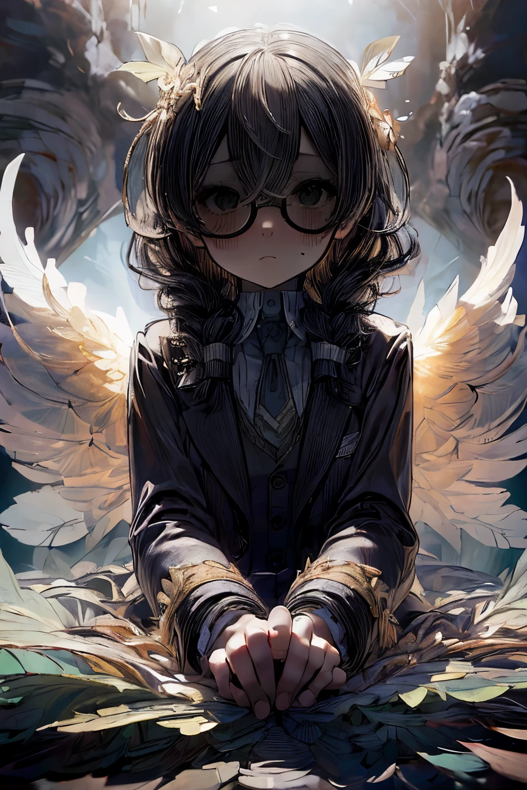 masterpiece, superfine illustration, best quality, 1girl, 1boy, pov, (penis), (handjob:1.5), chifuyuperson, (hair over eyes:1.3), glasses, (wings), angelic halo, cruel, serious, expressionless, emotionless, (very tired)