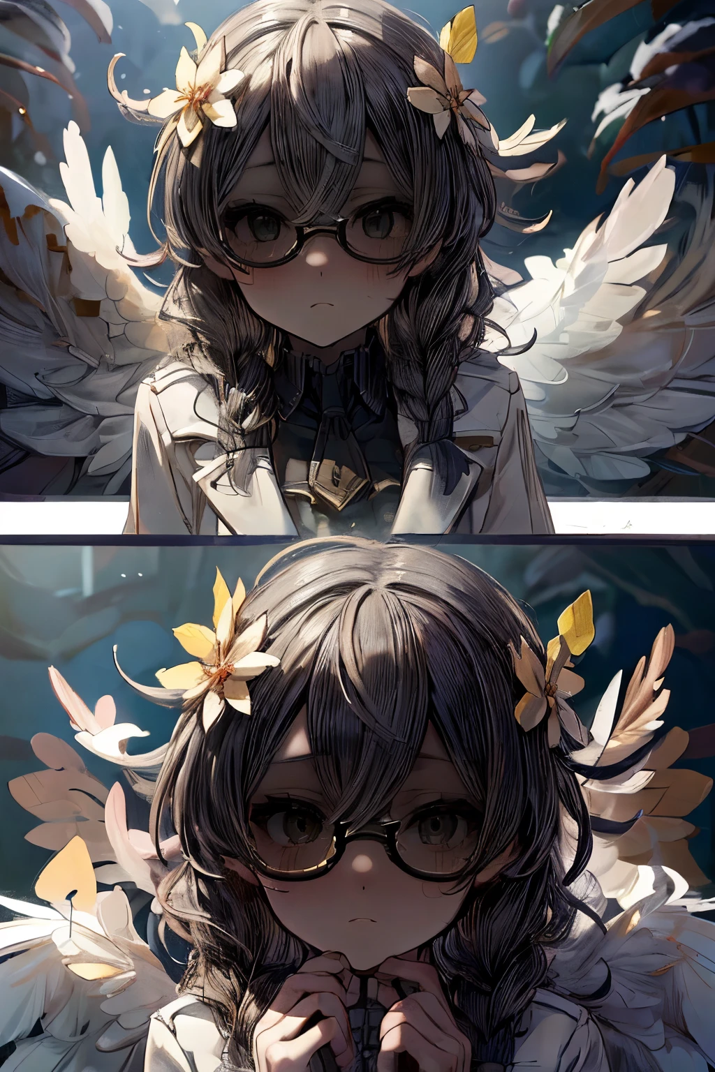 masterpiece, superfine illustration, best quality, 1girl, 1boy, pov, (penis), (handjob:1.5), chifuyuperson, (hair over eyes:1.3), glasses, (wings), angelic halo, cruel, serious, expressionless, emotionless, (very tired)