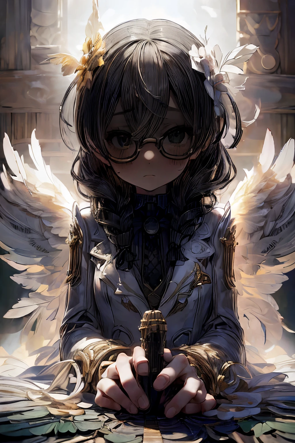 masterpiece, superfine illustration, best quality, 1girl, 1boy, pov, (penis), (handjob:1.5), chifuyuperson, (hair over eyes:1.3), glasses, (wings), angelic halo, cruel, serious, expressionless, emotionless, (very tired)