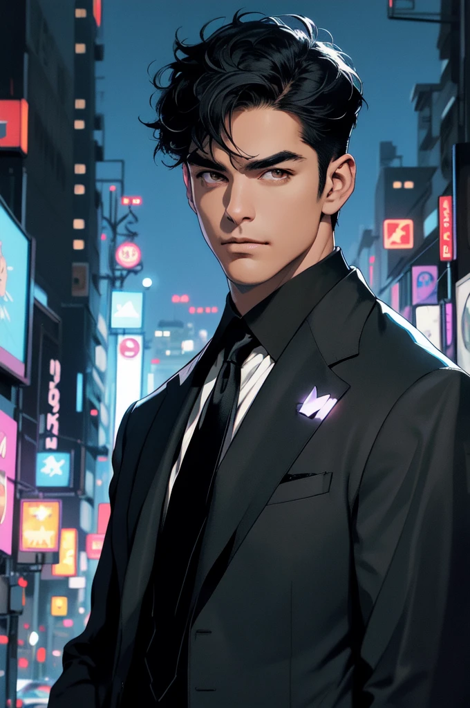(ridiculous, high resolution, super detailed, realistic,), 1 male, soloist, handsome, cool, handsome, extremely short hair, black hair, brown eyes, delicate face, thick eyebrows, night, dark color, night city background, formal wear, tie, half, cyberpunk,